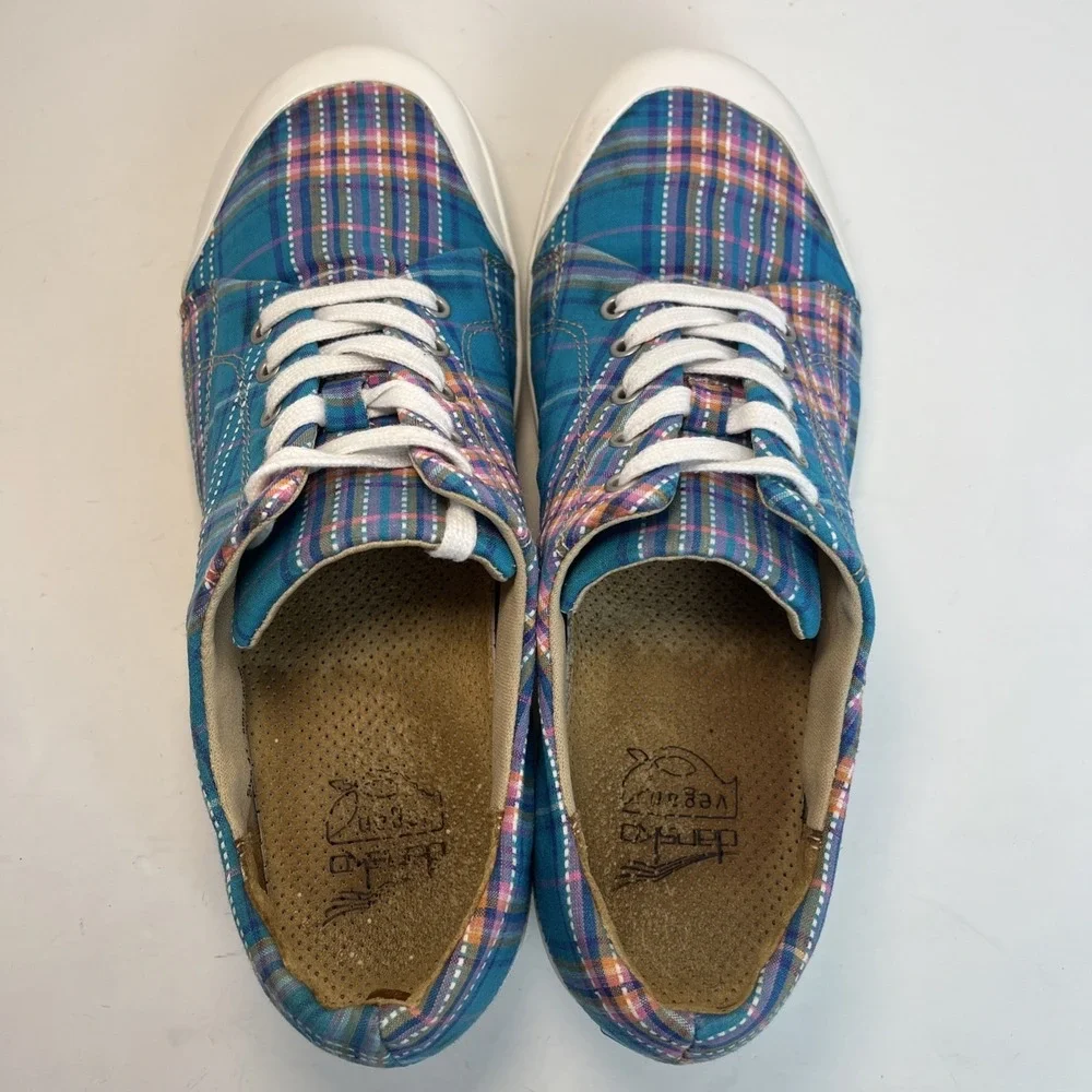 Dansko Women Veda Madras Blue/Pink Plaid Canvas‎ Platform Sneakers 41/10.5-11